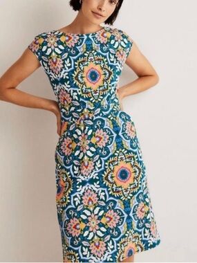 Boden Teal Floral Mosaic Cap-Sleeve Midi Dress